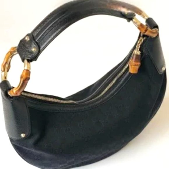 Auth GUCCI Half Moon Canvas Leather Hobo Shoulder Bag Handbag Stud Bamboo Ring - Picture 1 of 2